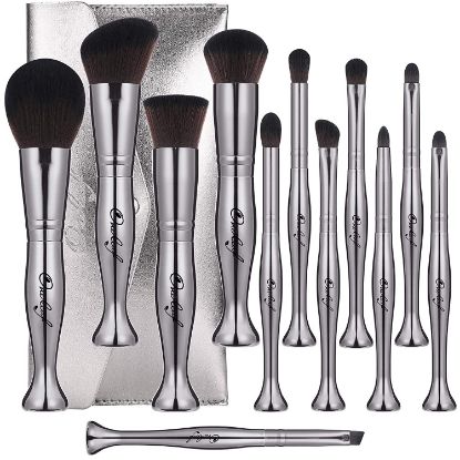 Picture of Standing Makeup Brushes Professional Pemium Synthetic Foundation Powder Concealers Eye Shadows Makeup 12 Pcs Brush Set, Silver