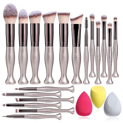 Picture of Makeup Brushes 18 Pcs Stand Up Synthetic Foundation Powder Concealers Eye shadows Blush Makeup Brushes Champagne Gold Cosmetic Brushes with 3 Makeup Songe