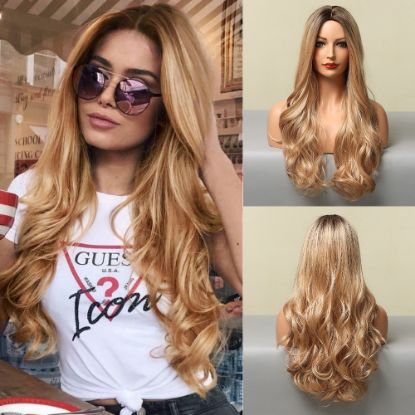 Picture of Long Wavy Hair Wig Ombre Brown Light Blonde Synthetic Wig for Women