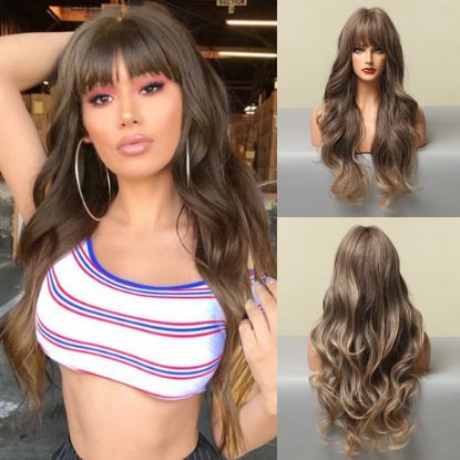 Picture of Long wavy synthetic wigs with Bangs Honey brown Wigs for Women 