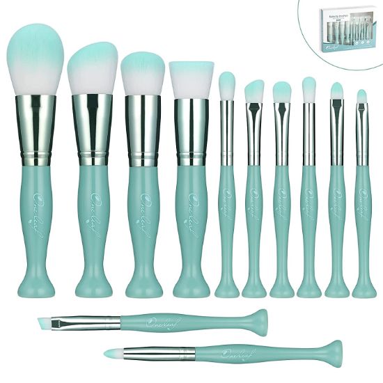 Picture of Standing professsional Makeup Brushes Premium Synthetic Foundation Powder Concealers Eye Shadows Makeup 12 Pcs Brush Set, Green