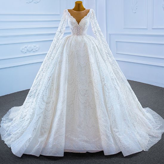 Picture of White luxury long sleeve wedding dress For Women 2022 V-neck Robe De Mariee beading pearls lace up bridal dress, 67228