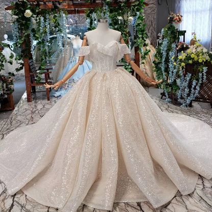 Obeauty™ Ivory off the shoulder lace wedding dress beaded V-neck bride dress,