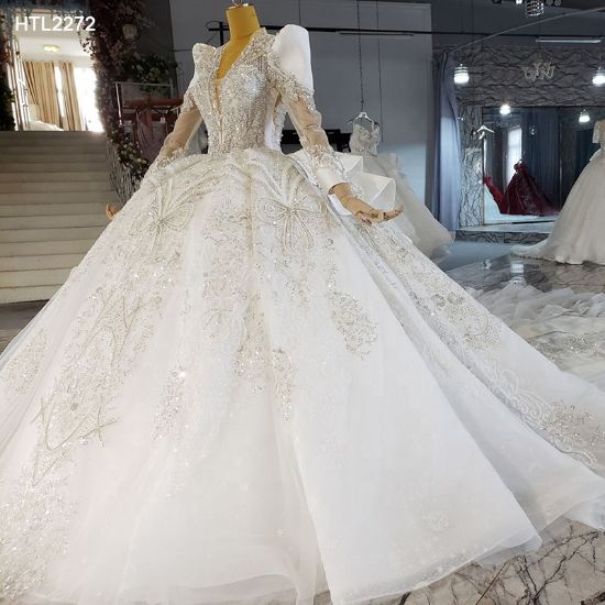 Luxury V Neck Lace Sequined Puffy Sleeve Bow Pattern Wedding Dresses