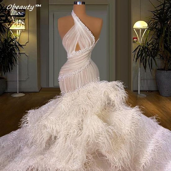 Obeauty™ White Feather Tail Evening Dress with Ruffles Tiered 2022 Luxury Pearls Prom Dress