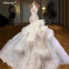 Obeauty™ White Feather Tail Evening Dress with Ruffles Tiered 2022 Luxury Pearls Prom Dress