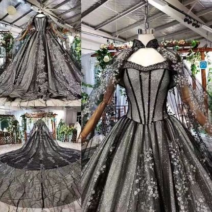 Black One Shoulder V Neck Long Train Wedding Dress  OB11618