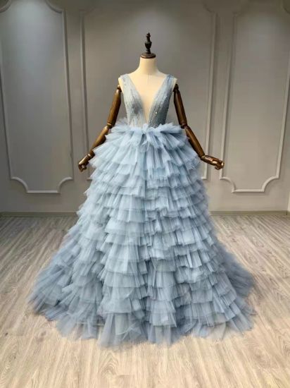 Obeauty™ Blue deep V-neck puff gown wedding dress OB0004