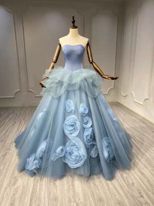 Obeauty™ Blue strapless floral tulle wedding dress OB0006