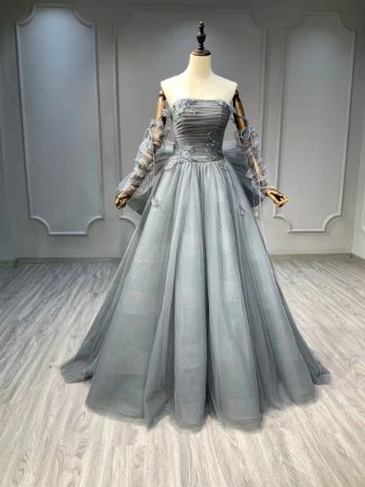 Obeauty™ Grey blue off the shoulder strapless floral tulle wedding dress OB0007