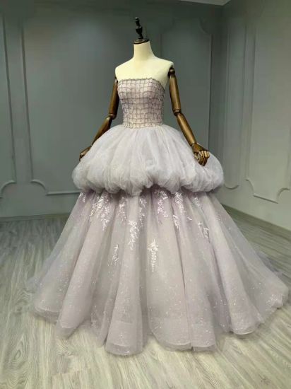 Obeauty™ Grey purple strapless tulle wedding dress OB0013