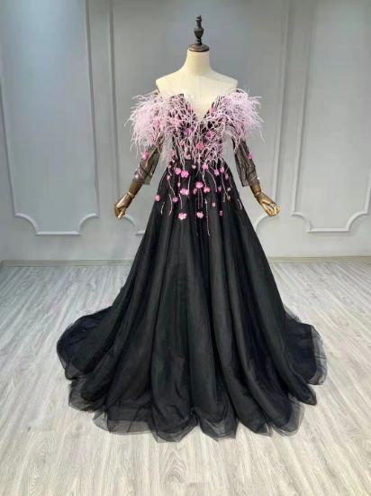 Obeauty™ black and pink flower feather tulle wedding dress OB0014