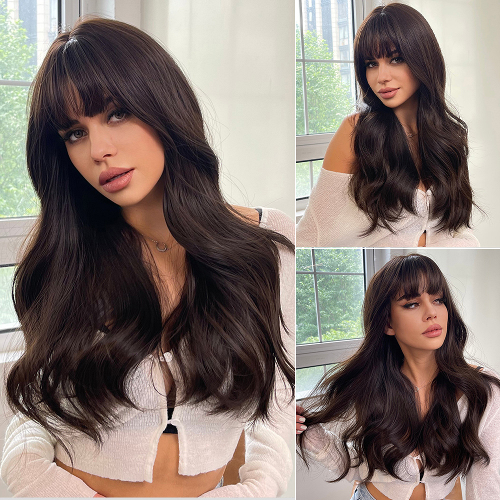 Long Wigs with Bangs and layers Synthetic Wigs for Women black wigs,