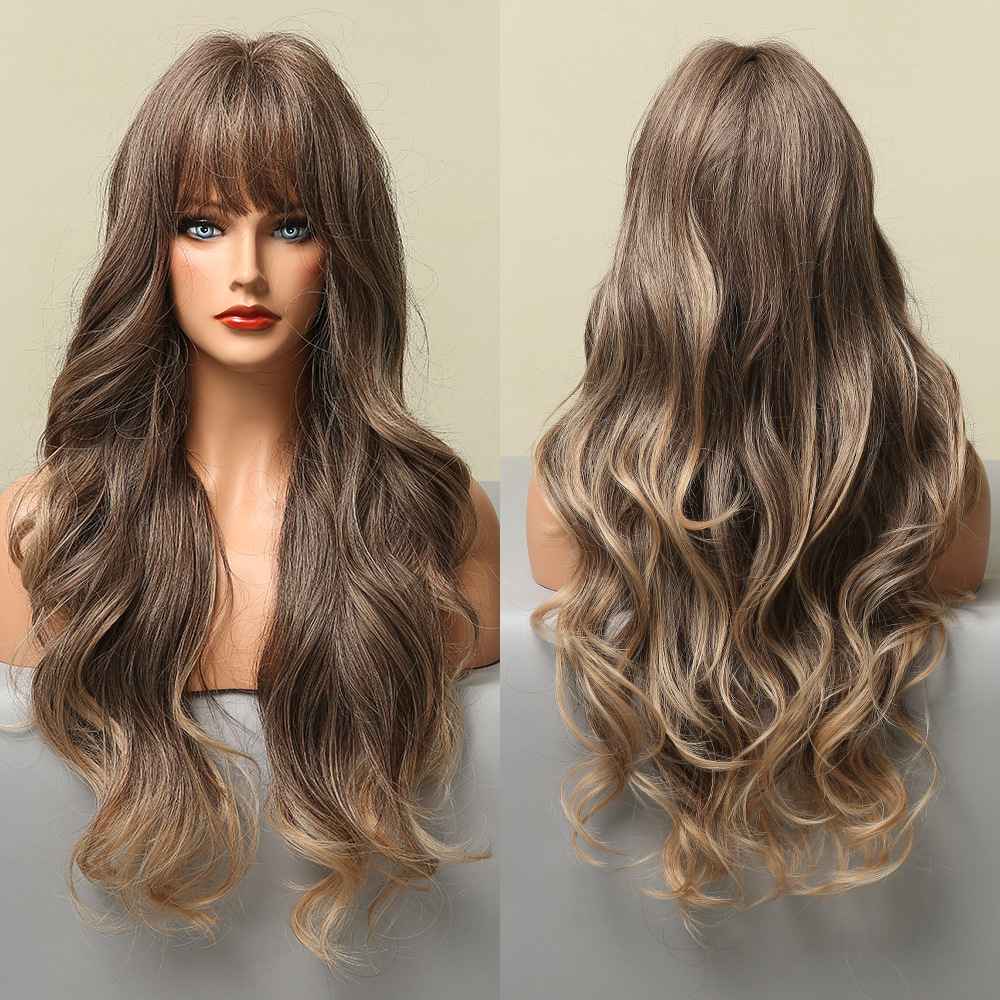 Long wavy synthetic wigs with Bangs Honey brown Wigs for Women 